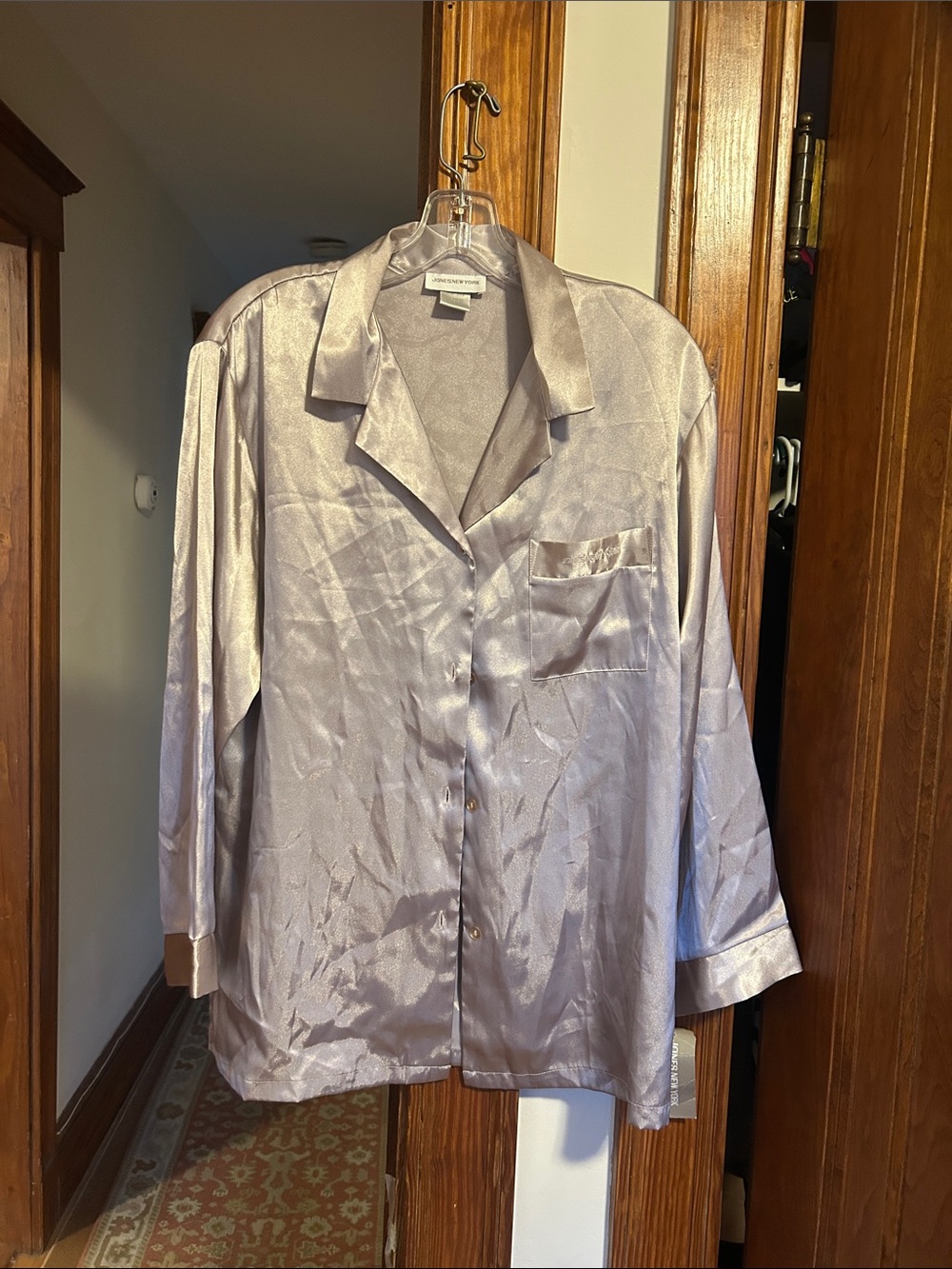 Jones New York Satin Button-Up Top in Lavender Gray